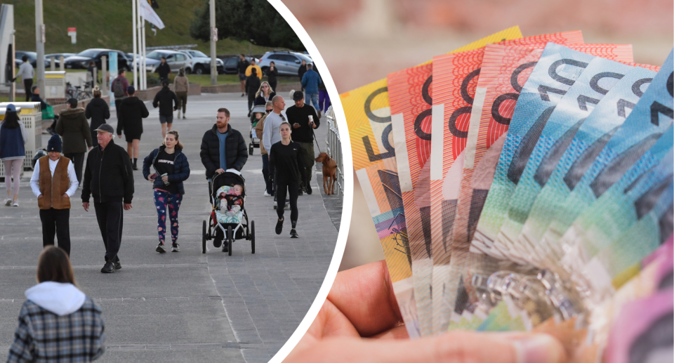 People walking and Australian cash money. Health insurance premiums and cost of living concept.