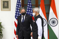 India's Foreign Minister Subrahmanyam Jaishankar welcomes U.S. Secretary of State Antony Blinken at Hyderabad House in New Delhi, India Wednesday, July 28, 2021. (Jonathan Ernst/Pool Photo via AP)