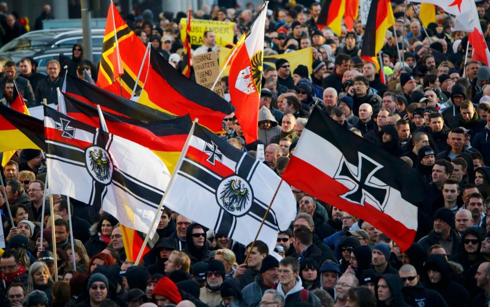 Patriotic Europeans Against the Islamisation of the West (Pegida) march in reaction to mass assaults on women on New Year's Eve, in Cologne, Germany, on Jan 9, 2016