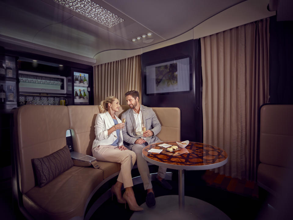 The lobby on the upper deck. A place to stretch out and socialise. Photo: Etihad Airways