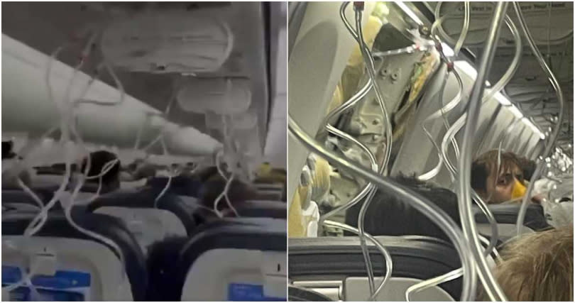 美國阿拉斯加航空空中驚魂，一架班機在飛行途中窗戶突飛走，乘客驚慌戴起氧氣面罩。（圖／擷取自X）