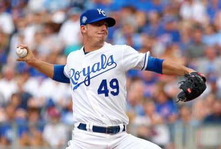 Aug 8, 2018; Kansas City, MO, USA; Kansas City Royals relief pitcher Heath Fillmyer (49) pitches against the Chicago Cubs in the first inning at Kauffman Stadium. Jay Biggerstaff-USA TODAY Sports