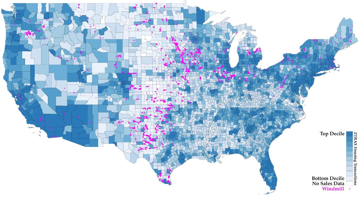 Map of property transactions and wind turbine locations. Blue shading indicates the number of property transactions between 1990 and 2020 by decile, aggregated to the county level. Areas without sales data are white. Magenta dots show the locations of wind turbines installed in that period.