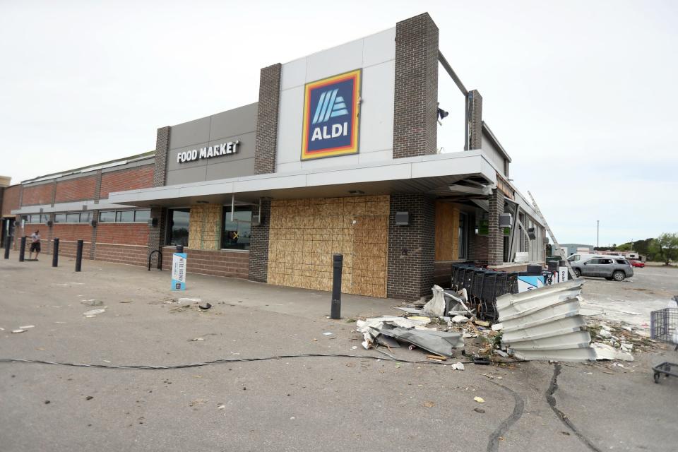 The Aldi store along West Main Street in Gaylord on Saturday, May 21, 2022. A tornado severely damaged the store taking out widows and the roof.