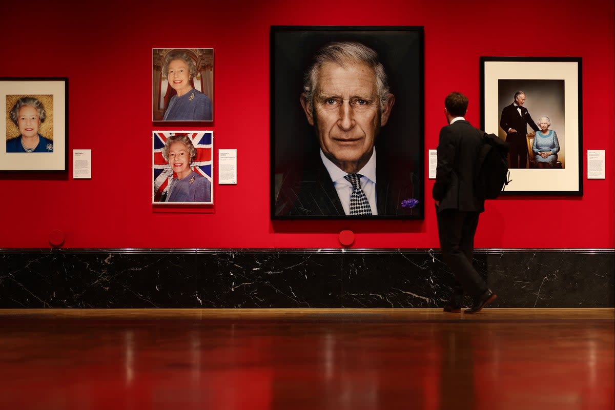 A visitor looks at photographs of Britain's King Charles III  (AFP via Getty Images)
