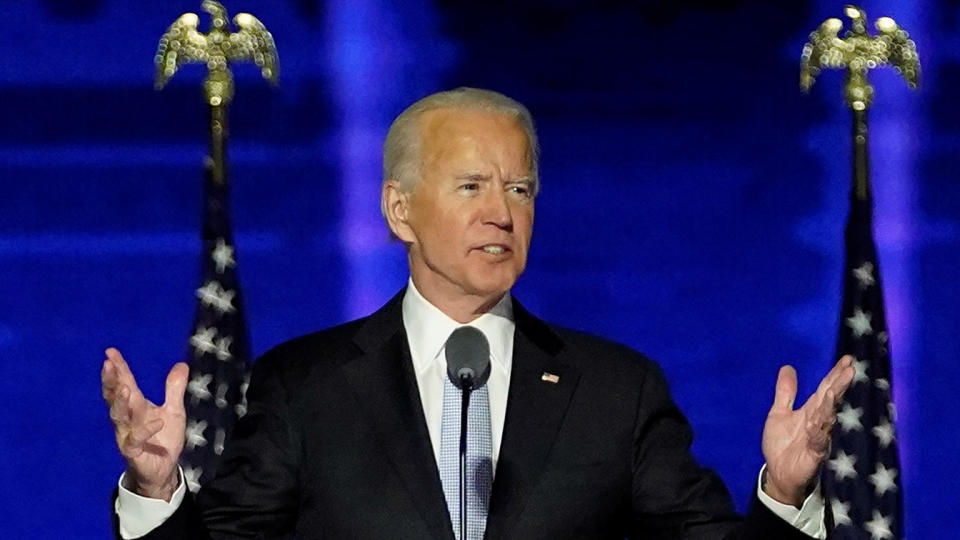 President-elect Joe Biden speaks in Wilmington, Delaware, U.S., November 7, 2020. (Andrew Harnik/Pool via Reuters)