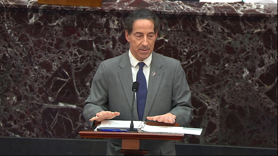 In this image from video, House impeachment manager Rep. Jamie Raskin, D-Md., speaks during the second impeachment trial of former President Donald Trump in the Senate at the U.S. Capitol in Washington, Wednesday, Feb. 10, 2021. (Senate Television via AP)