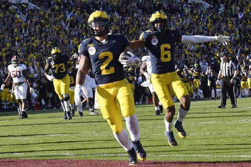 Running back Blake Corum (2) scored a game-winning touchdown to lead the Michigan Wolverines over the Alabama Crimson Tide in the Rose Bowl Game, one of two College Football Playoff semifinals, on January 1 in Pasadena, Calif. File Photo by Jon SooHoo/UPI