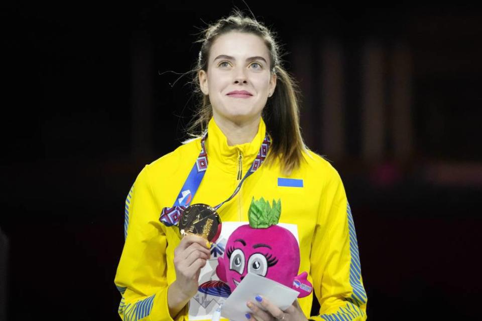 烏克蘭女將Yaroslava Mahuchikh摘下世界室內田徑賽跳高金牌。（美聯社）