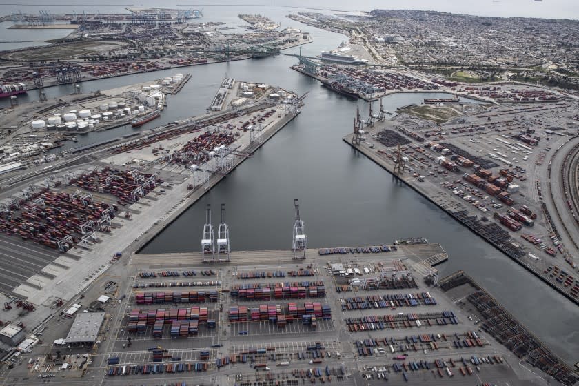 LOS ANGELES, CA, WEDNESDAY MARCH 25, 2020 - A few container ships are docked in what is usually a very busy port of LA. (Robert Gauthier/Los Angeles Times)