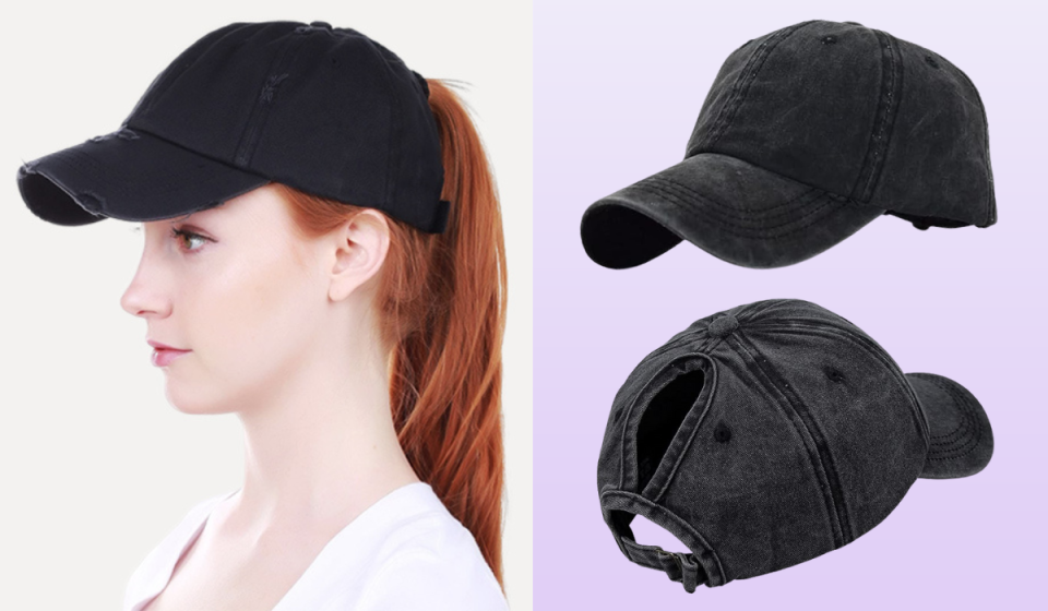 woman wearing baseball cap with ponytail through the back / front and back views of baseball cap, which has two openings in the back