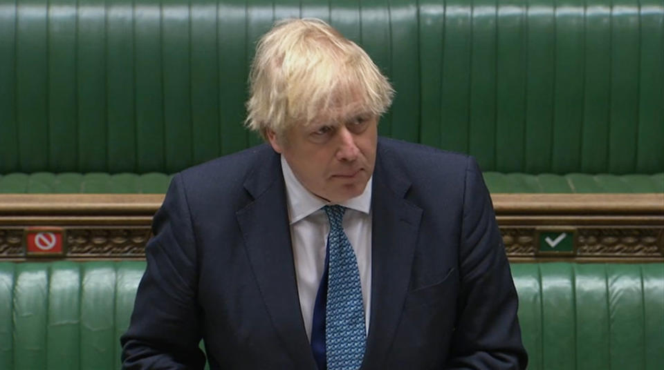 Prime Minister Boris Johnson speaks during Prime Minister's Questions in the House of Commons, London.