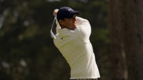 Rory McIlroy of Northern Ireland, watches his tee shot on the eighth hole during the second round of the PGA Championship golf tournament at TPC Harding Park Friday, Aug. 7, 2020, in San Francisco. (AP Photo/Jeff Chiu)