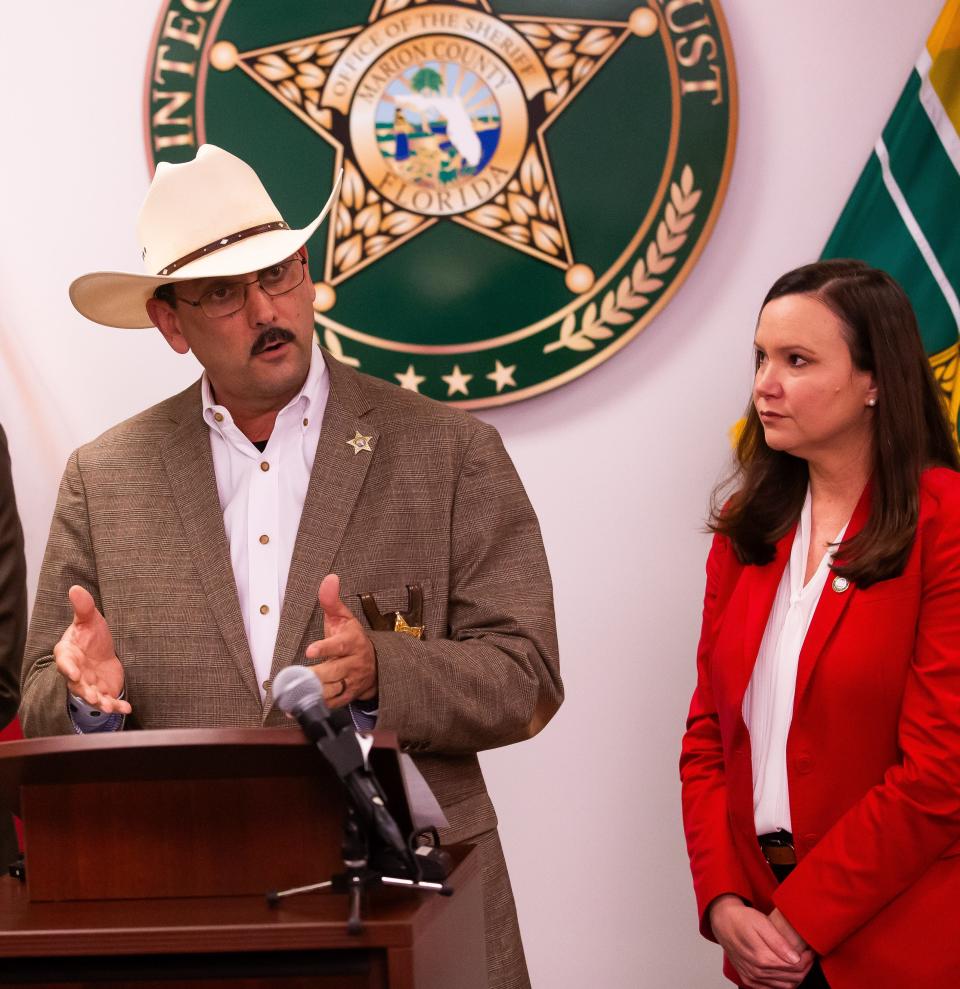 Marion County Sheriff Billy Woods talks about the rise in seized fentanyl in Marion County during a press conference with Florida Attorney General Ashley Moody on Thursday in Ocala.