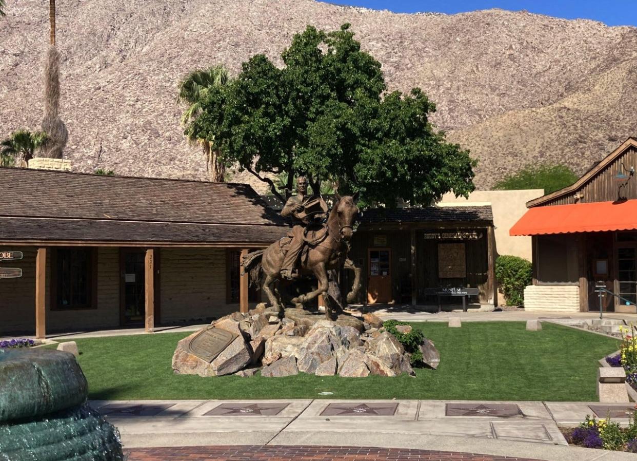 A rendering showing what Frank Bogert's statue might look like if moved to the Village Green in downtown Palm Springs.