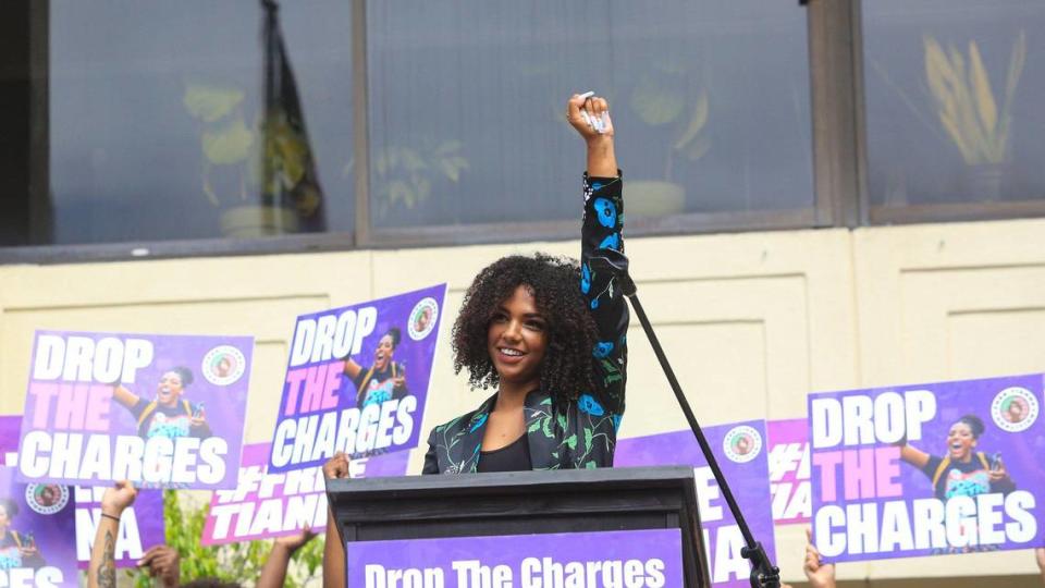 Tianna Arata responds to the crowd while speaking during a rally Tuesday, Aug. 25, 2020, at the courthouse in San Luis Obispo. The national Black Lives Matter organization held the event in support of Arata, calling for Dan Dow to drop the criminal case against the 20-year-old activist.