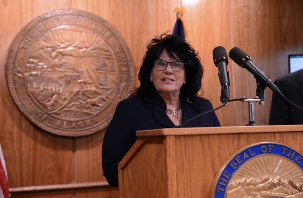 Speaker of the House Cathy Tilton, R-Wasilla, speaks Thursday, April 27, 2023, at a news conference in Juneau. (Photo by James Brooks/Alaska Beacon)