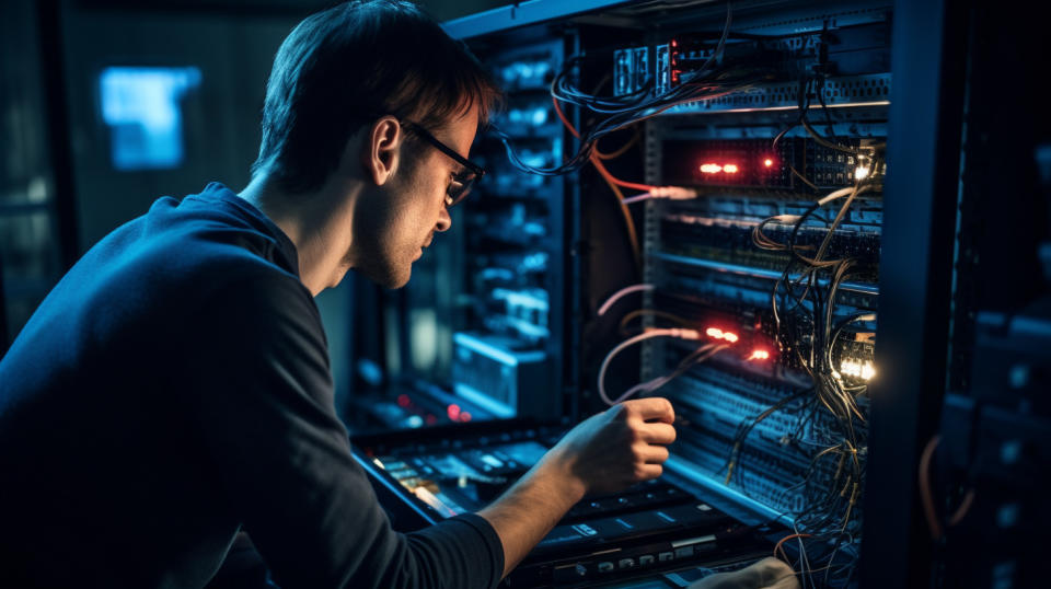 A technician working with a network switch in a remote environment.