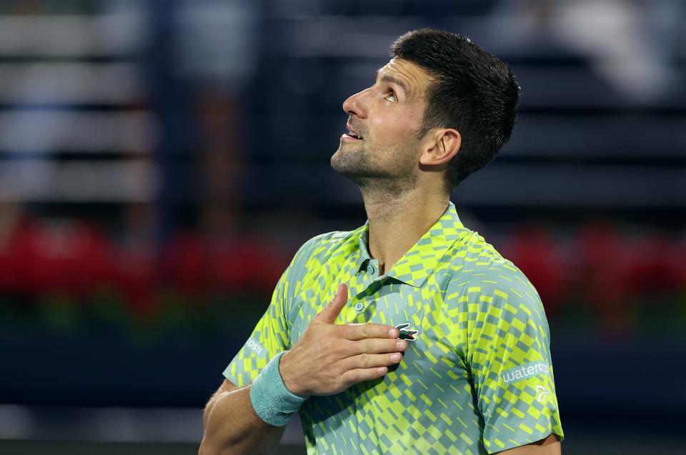 Novak Djokovic celebrates victory against Tallon Griekspoor after their Men's Singles match on day eleven of the Dubai Duty Free Tennis at Dubai Duty Free Tennis Stadium on March 01, 2023 in Dubai, United Arab Emirates.