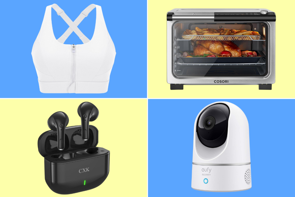 amazon coupon finds: sports bra, air fryer, earbuds, security camera