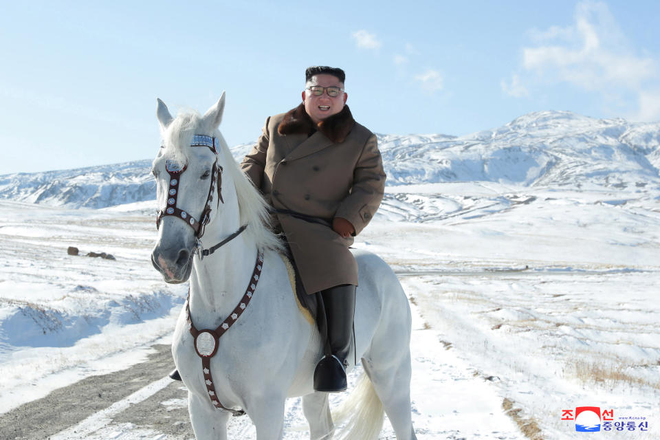 North Korean leader Kim Jong Un rides a horse during snowfall in Mount Paektu in this image released by North Korea's Korean Central News Agency (KCNA) on October 16, 2019. KCNA via REUTERS  ATTENTION EDITORS - THIS IMAGE WAS PROVIDED BY A THIRD PARTY. REUTERS IS UNABLE TO INDEPENDENTLY VERIFY THIS IMAGE. NO THIRD PARTY SALES. SOUTH KOREA OUT.