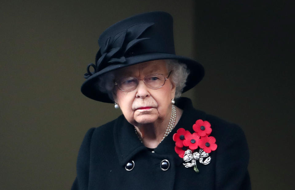 LONDON, ENGLAND - NOVEMBER 08: Queen Elizabeth II during the National Service of Remembrance at The Cenotaph on November 08, 2020 in London, England. Remembrance Sunday services are still able to go ahead despite the covid-19 measures in place across the various nations of the UK. Each country has issued guidelines to ensure the safety of those taking part. (Photo by Chris Jackson - WPA Pool/Getty Images)