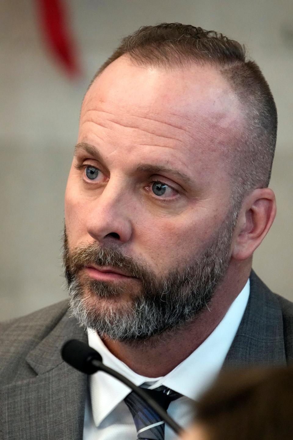 Feb 7 2024; Columbus, Ohio, USA; Former Franklin County Sheriff's deputy Jason Meade testifies in his trial at the Franklin County Common Pleas Court.