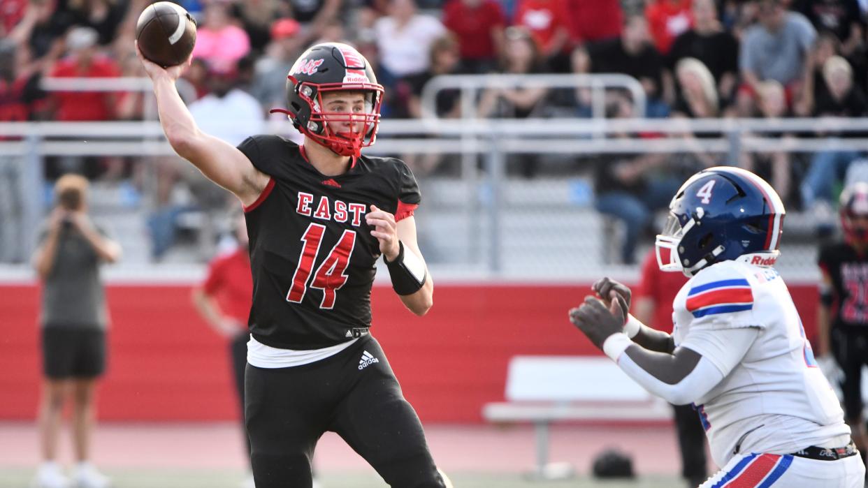 Cherry Hill East's Zach Salsbery throws a pass during the football game between Cherry Hil East and Triton played at Cherry Hill East High School on Friday, September 13, 2024. Cherry Hill East defeated Triton, 31-7, and East improved to 3-0.