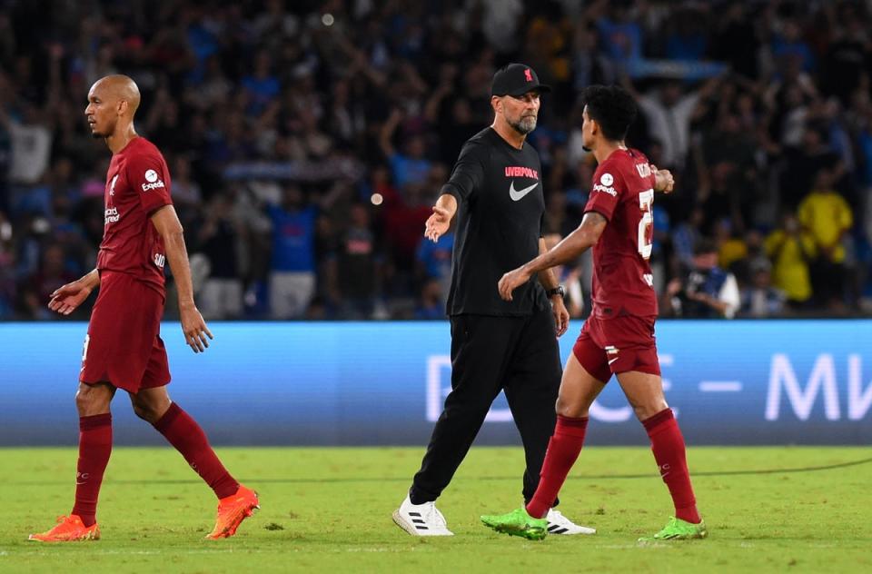 Jurgen Klopp with Luis Diaz (right) at full-time (Agostino Gemito/PA) (PA Wire)