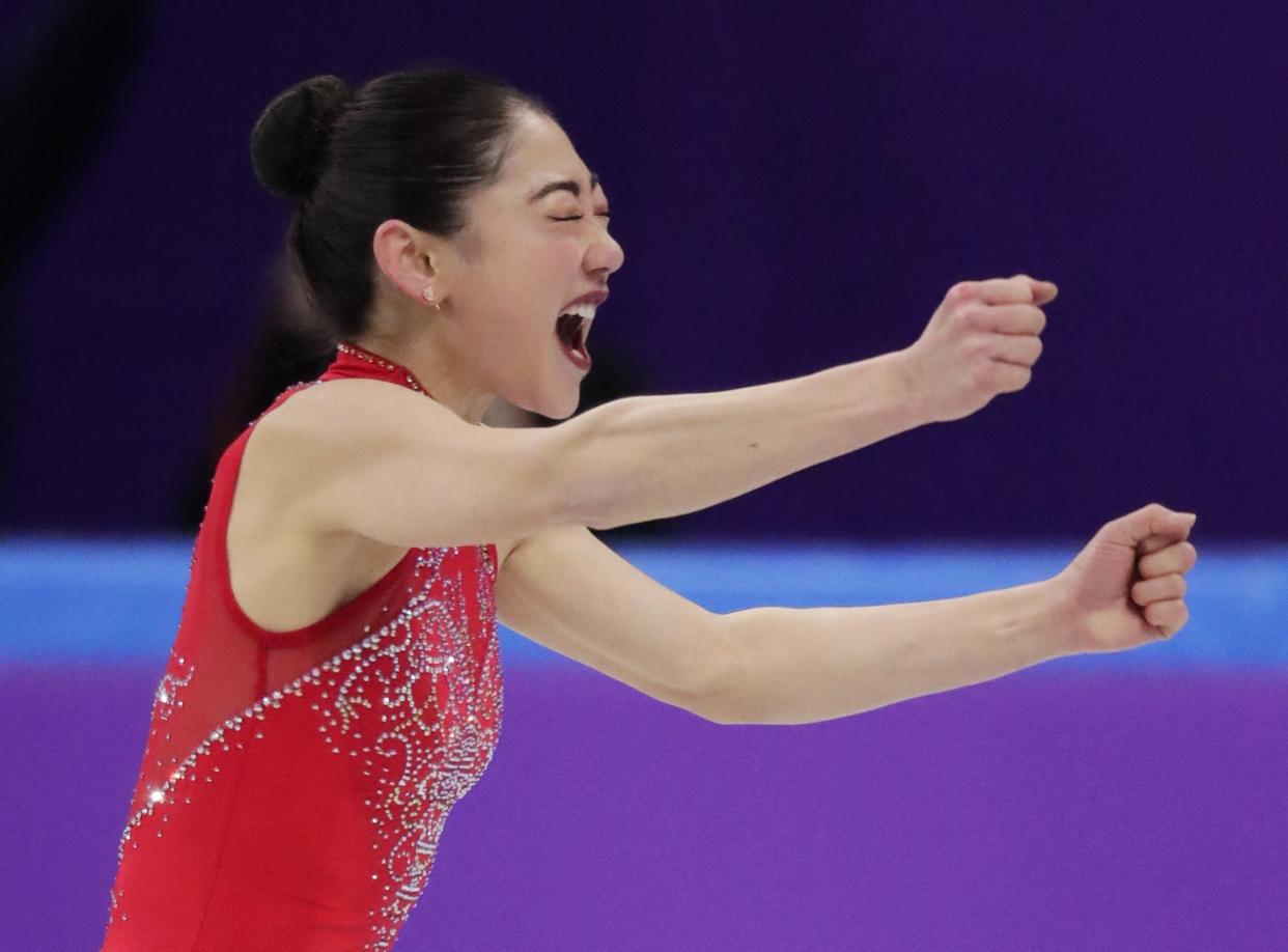 Mirai Nagasu of the United States reacts after her performance in the ladies single skating free skating in the Gangneung Ice Arena at the 2018 Winter Olympics in Gangneung, South Korea, Monday, Feb. 12, 2018. (AP Photo/Julie Jacobson)