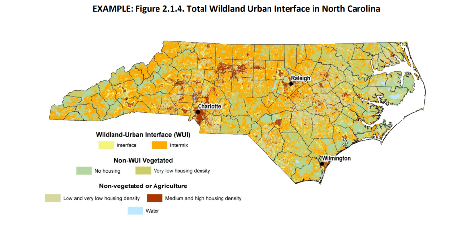 A map included with the state Forest Action Plan shows wildland urban interface across North Carolina.