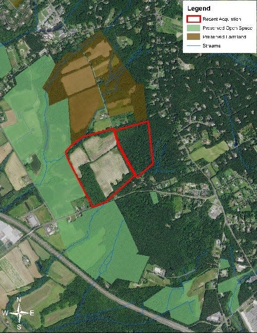 A map shows 122 acres of land in Millstone that was recently purchased for permanent preservation.