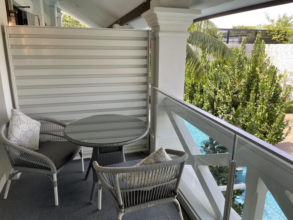 Balcony space that overlooks the pool (Photo: Stephanie Zheng)