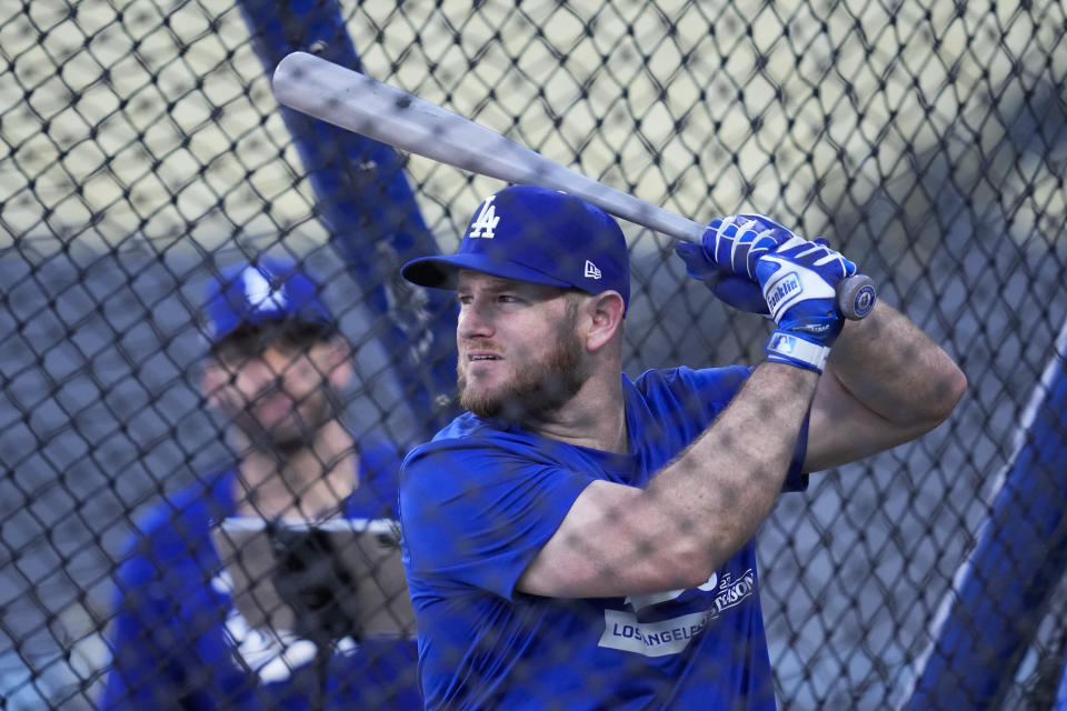 Los Angeles Dodgers' Max Muncy participates in batting practice before a simulated baseball game ahead of the NLDS in Los Angeles, Wednesday, Oct. 4, 2023. (AP Photo/Ashley Landis)