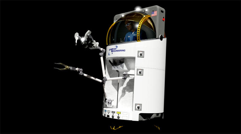 The Orbital Reef space station features large Earth-facing bay windows and a small one-person spacecraft, seen here in a frame from an animation, that could be used by passengers to venture outside the lab complex without the need for a spacesuit. / Credit: Blue Origin