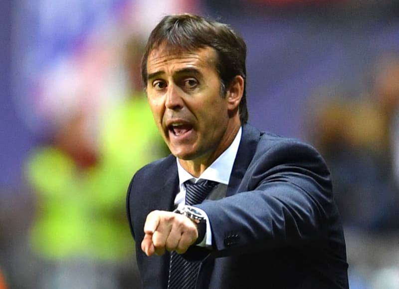 Then Real Madrid's coach Julen Lopetegui gestures on the sideline during the UEFA Super cup soccer match between Real Madrid and Atletico Madrid at Lillekula Stadium. Marius Becker/dpa