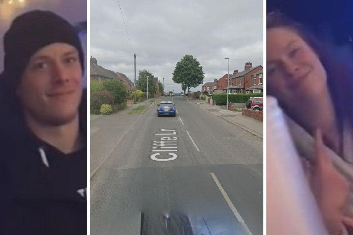 Police would like to identify these two people in relation to an attempted burglary in Cliffe Lane, Gomersal <i>(Image: Main Picture: Google Street View. Left and right pictures: West Yorkshire Police)</i>