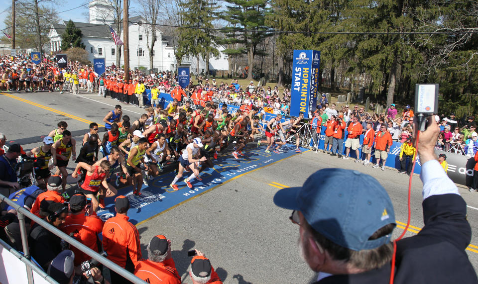 The elite men start the 116th running of the Boston Marathon, in Hopkinton, Mass., Monday, April 16, 2012. (AP Photo/Stew Milne)