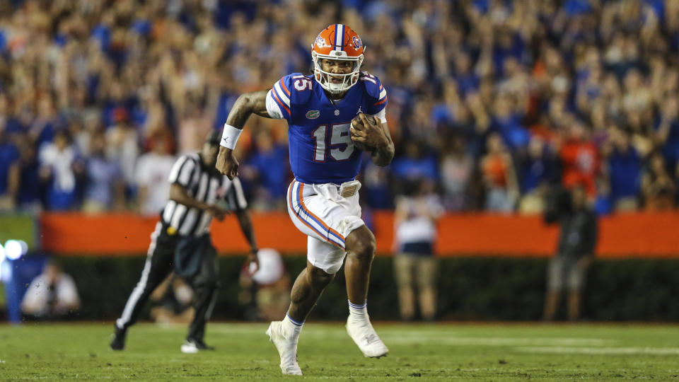 Florida quarterback Anthony Richardson ran for 106 yards and three touchdowns in a win over Utah on Sept. 3, 2022 in Gainesville, Fla. (AP Photo/Gary McCullough)