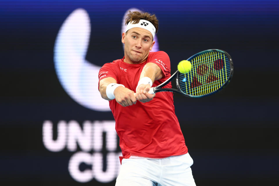 Casper Ruud, pictured here in action for Norway at the United Cup.