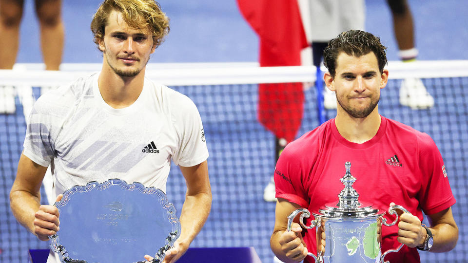 Alexander Zverev and Dominic Thiem, pictured here after the US Open final in 2020.