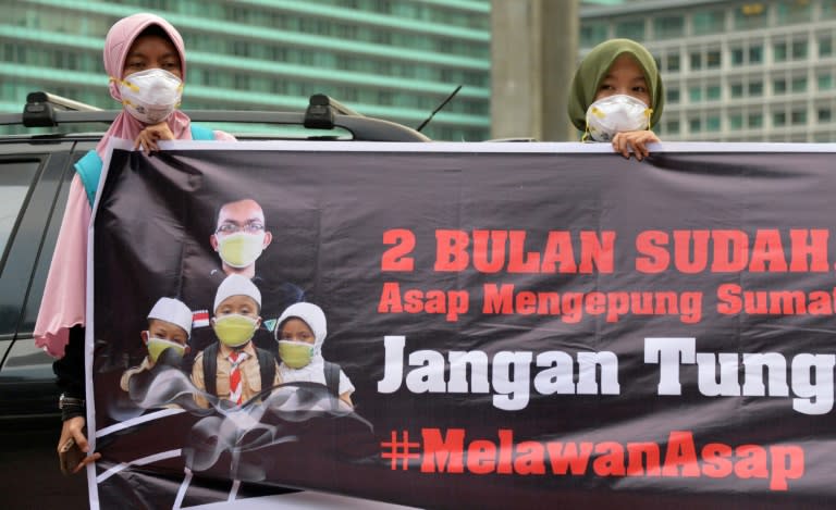 A rally in Jakarta on October 7, 2015 calls on the government to act to combat the haze caused by recent forest fires in Indonesia's Sumatra and Kalimantan