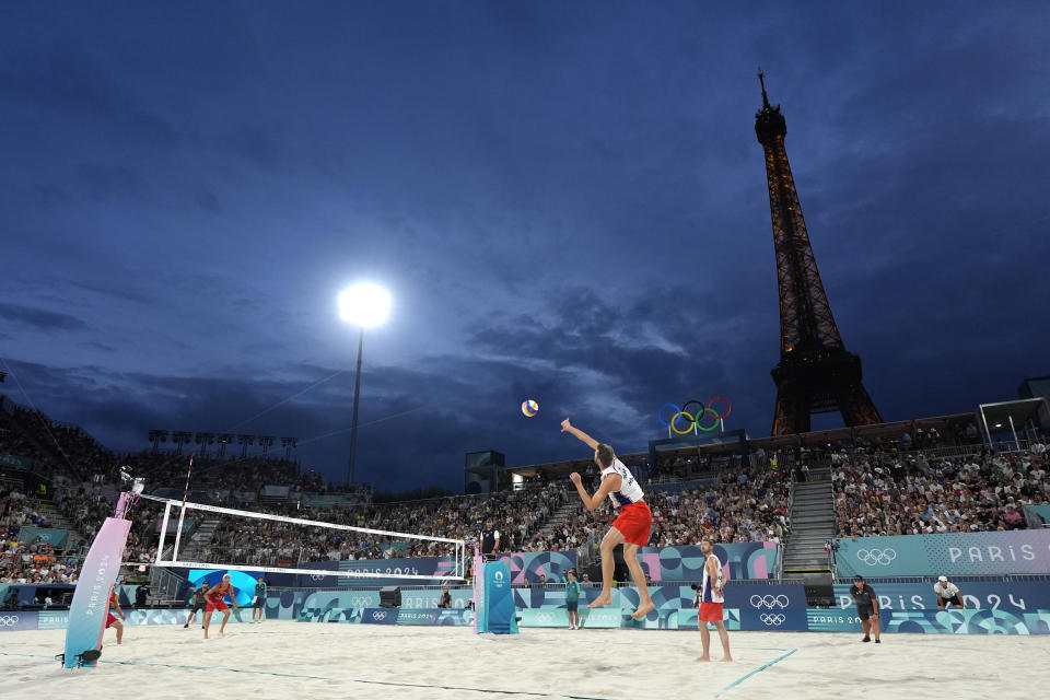 Norway's Anders Berntsen Mol serves against Spain at Eiffel Tower Stadium at the 2024 Summer Olympics. (AP Photo/Robert F. Bukaty)