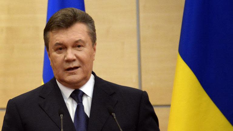 Deposed Ukrainian president Viktor Yanukovych attends his press-conference in southern Russian city of Rostov-on-Don, on March 11, 2014