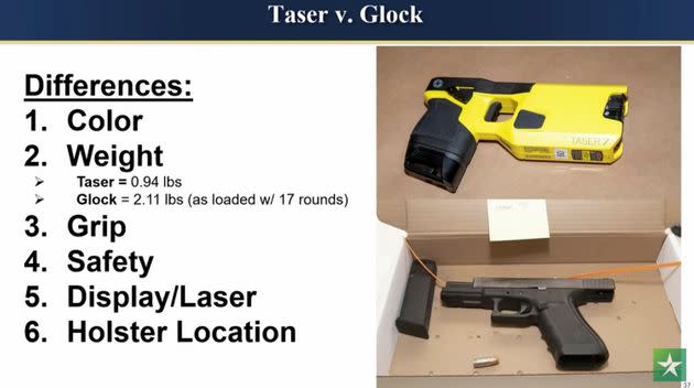 An image provided by the prosecution shows the difference between a Taser and a Glock as the state delivers its opening statement in the trial of former Brooklyn Center Police Officer Kim Potter in the April 11 death of Daunte Wright. The trial began Wednesday at the Hennepin County Courthouse in Minneapolis.  (Photo: Court TV via Associated Press)