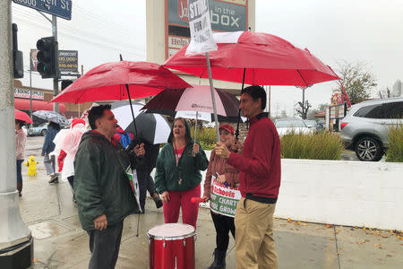 Striking Los Angeles teachers stand in the rain on the picket line in San Fernando Valley area in Los Angeles, California, U.S. January 16, 2018. REUTERS/Alex Dobuzinskis