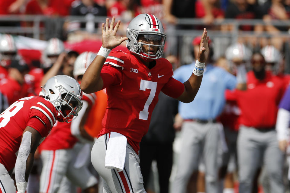 Ohio State quarterback C.J. Stroud plays against Oregon during an NCAA college football game Saturday, Sept. 11, 2021, in Columbus, Ohio. (AP Photo/Jay LaPrete)