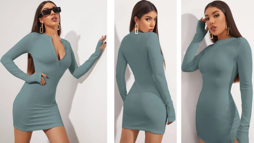 Half Zip Thumb Hole Bodycon Dress - Shein, $17