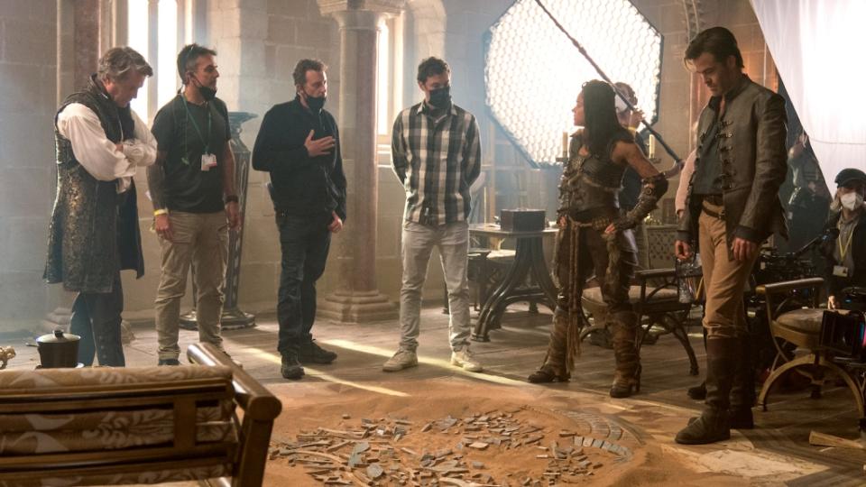 Hugh Grant, Directors John Francis Daley and Jonathan Goldstein, Michelle Rodriguez, Chris Pine and crew on the set of Dungeons &amp; Dragons: Honor Among Thieves from Paramount Pictures.