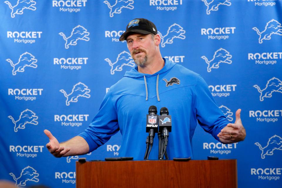 Lions head coach Dan Campbell talks to the media after a win against the Jaguars, Sunday, Dec. 4, 2022, in Detroit.